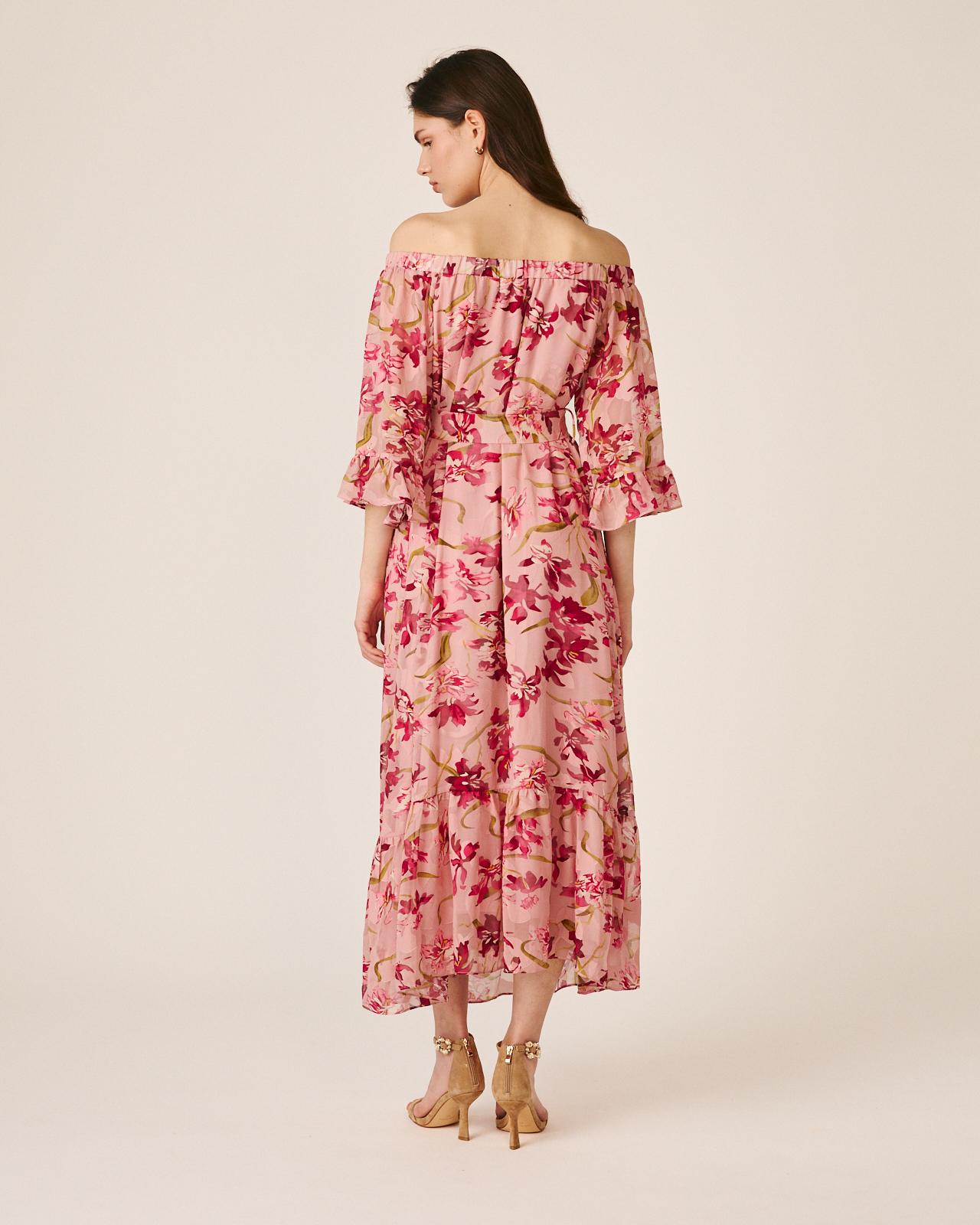 Vestido Midi Fluido com Manga À Boca de Sino e Decote Bardot Fúcsia-6