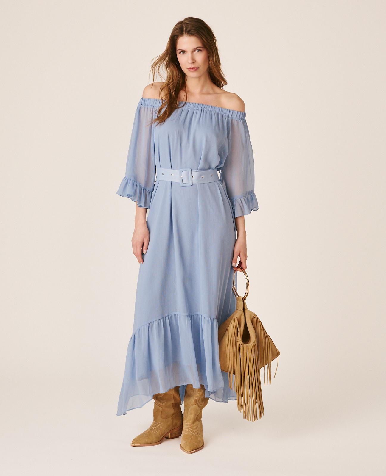 Imagem 0 de Vestido Midi Fluido com Manga À Boca de Sino e Decote Bardot