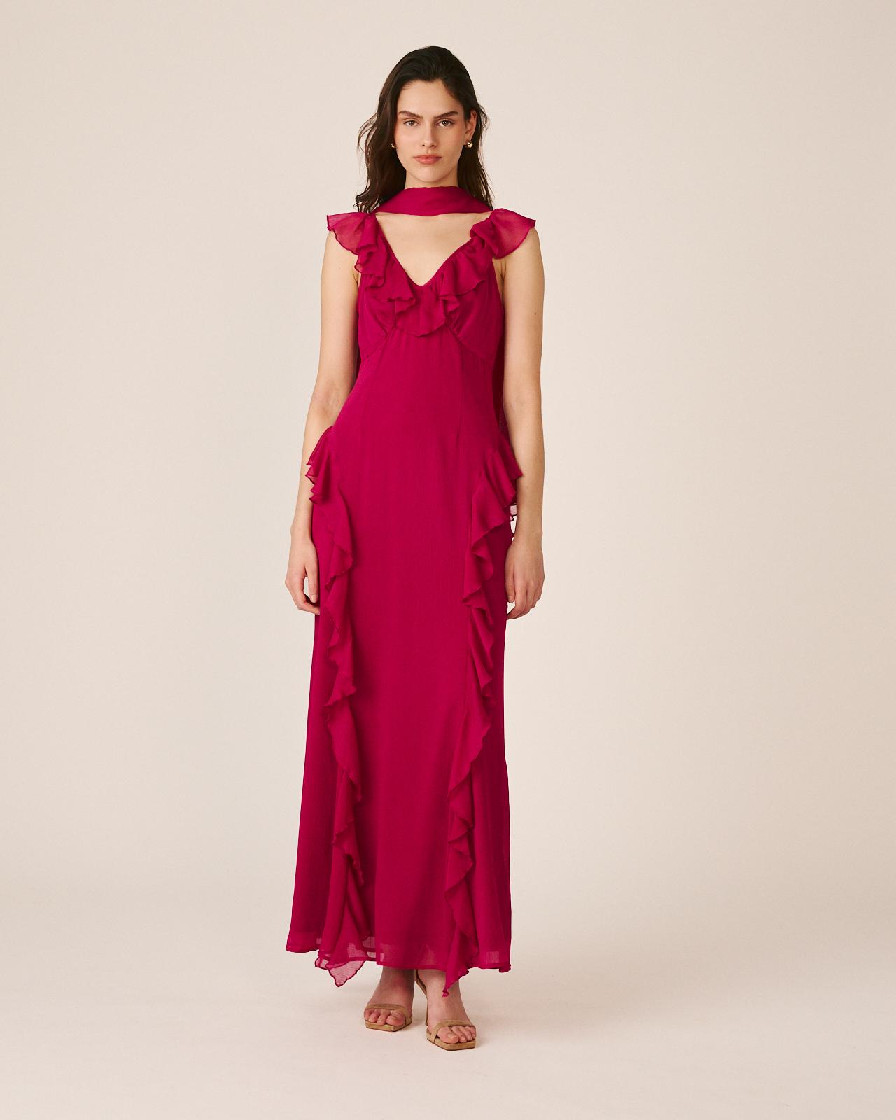 Imagem 0 de Vestido Comprido Fluido com Folhos na Gola e Corte Abaixo Do Peito