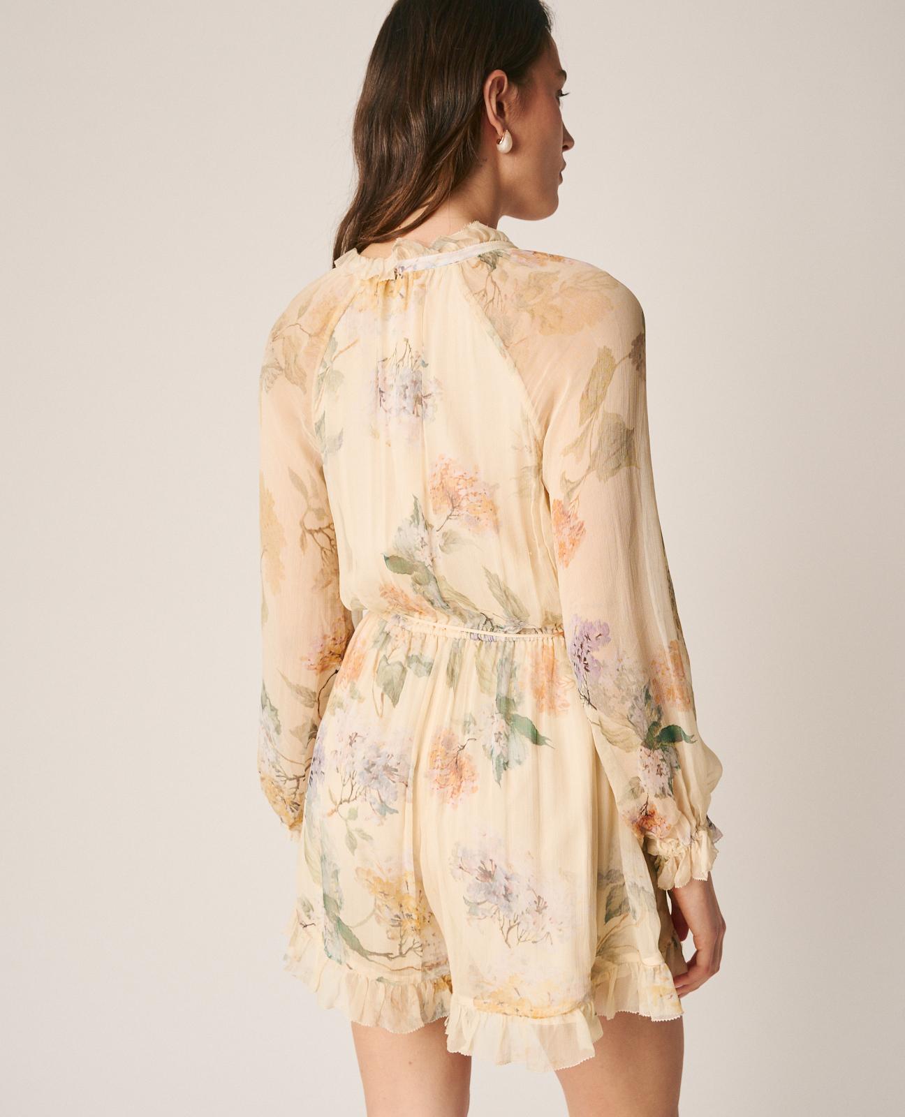 Macacão Curto com Estampado Floral de Manga Comprida Abalonada Amarelo-9