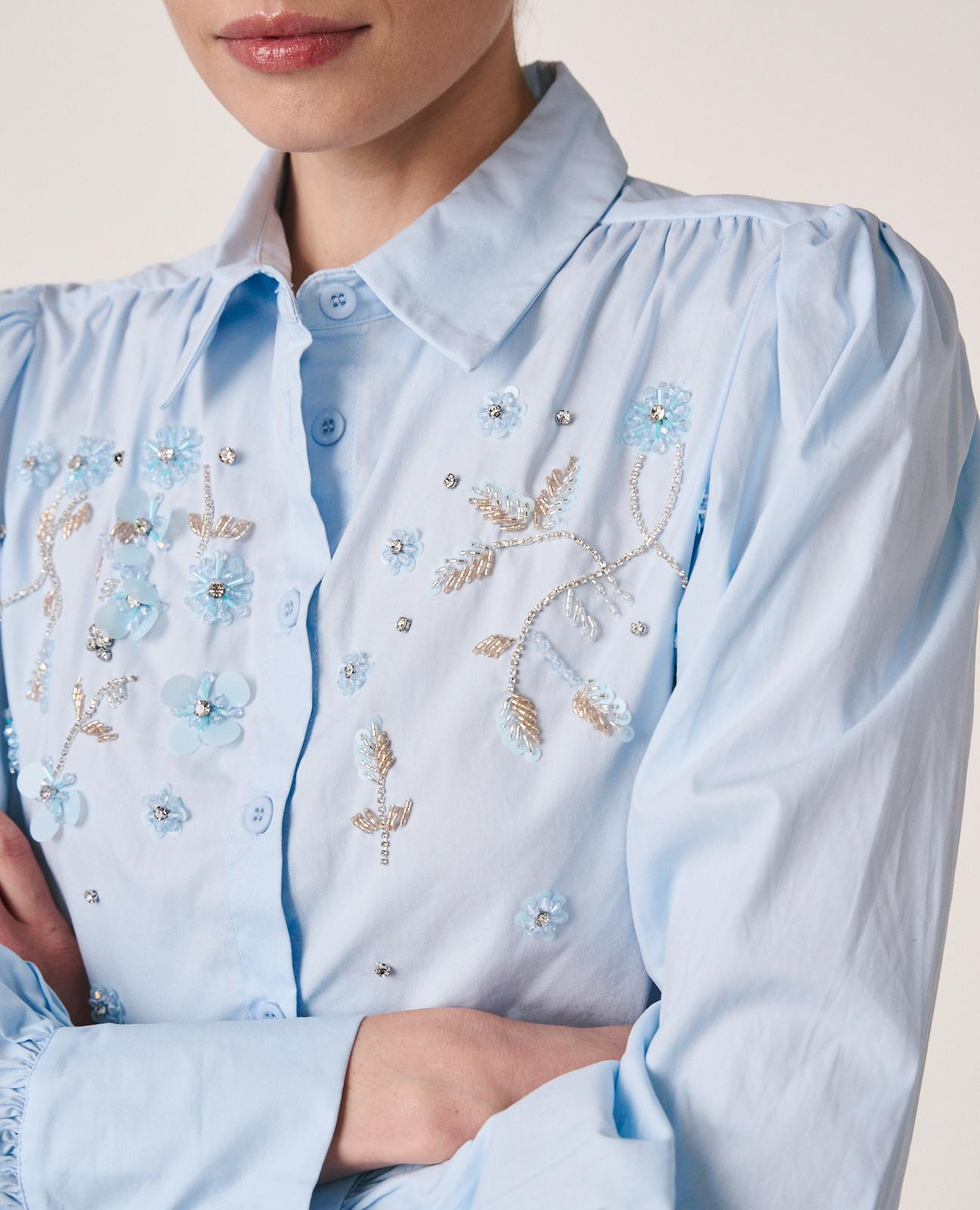 Camisa de Popelina de Algodão com Aplicações de Pedraria com Motivo Floral Azul-6