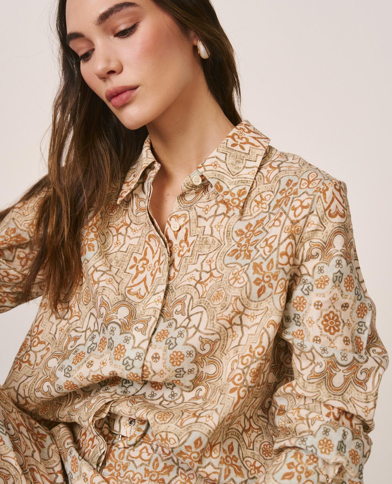 Camisa com Estampado Mosaico de Manga Comprida Caqui-6