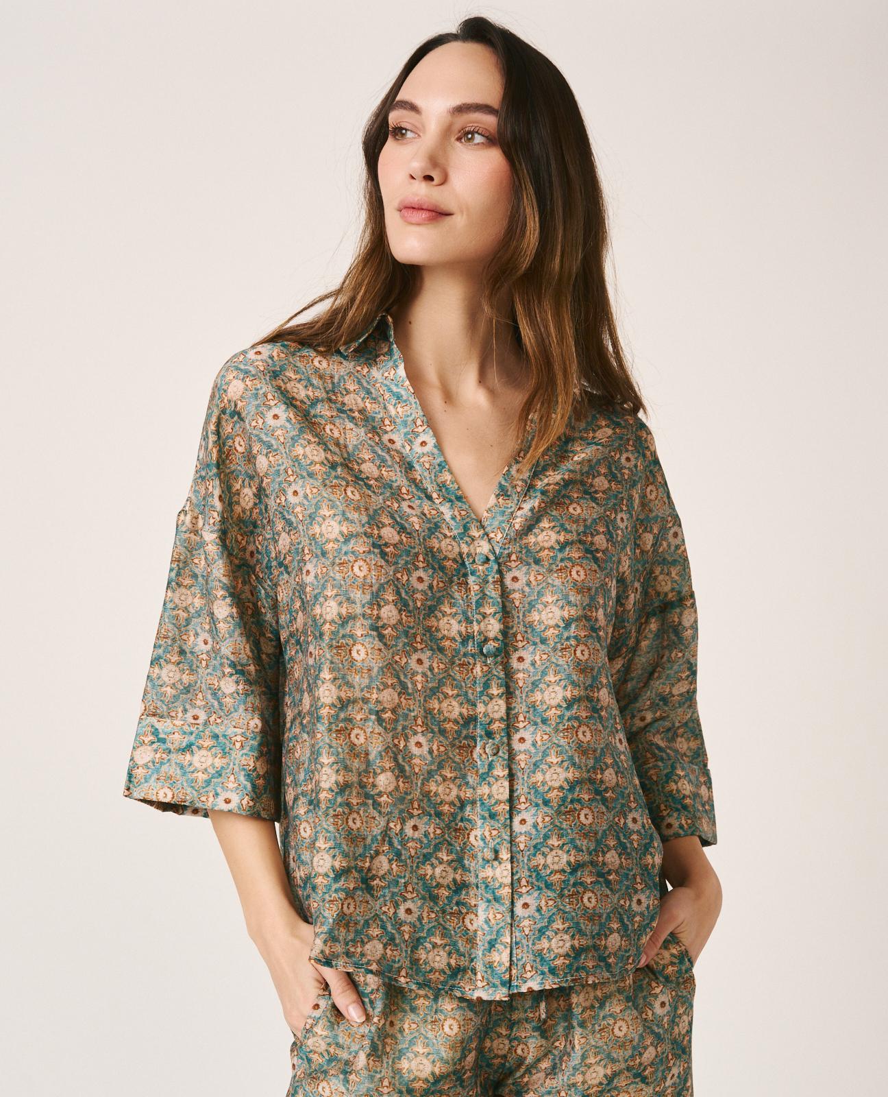 Camisa com Estampado Geométrico e Manga Curta com Punhos Dobrados Azul-4