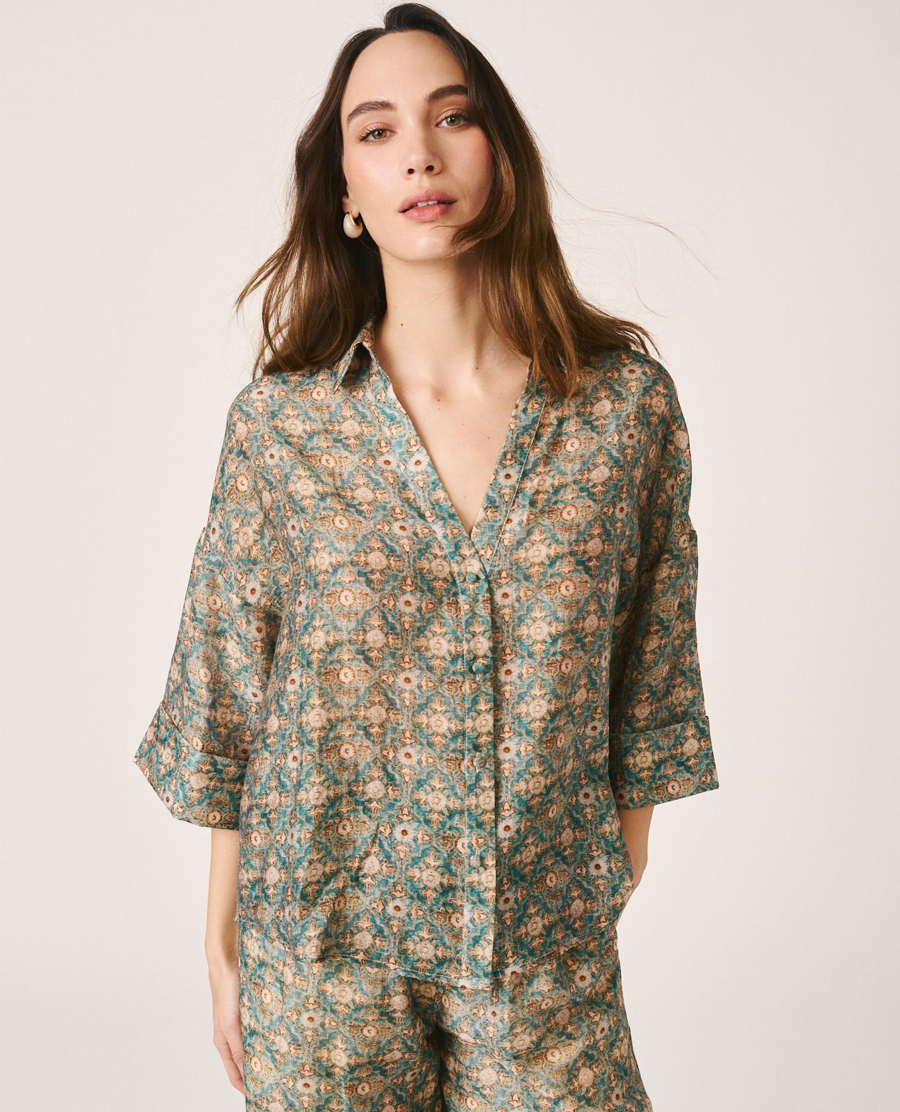 Camisa com Estampado Geométrico e Manga Curta com Punhos Dobrados Azul-7