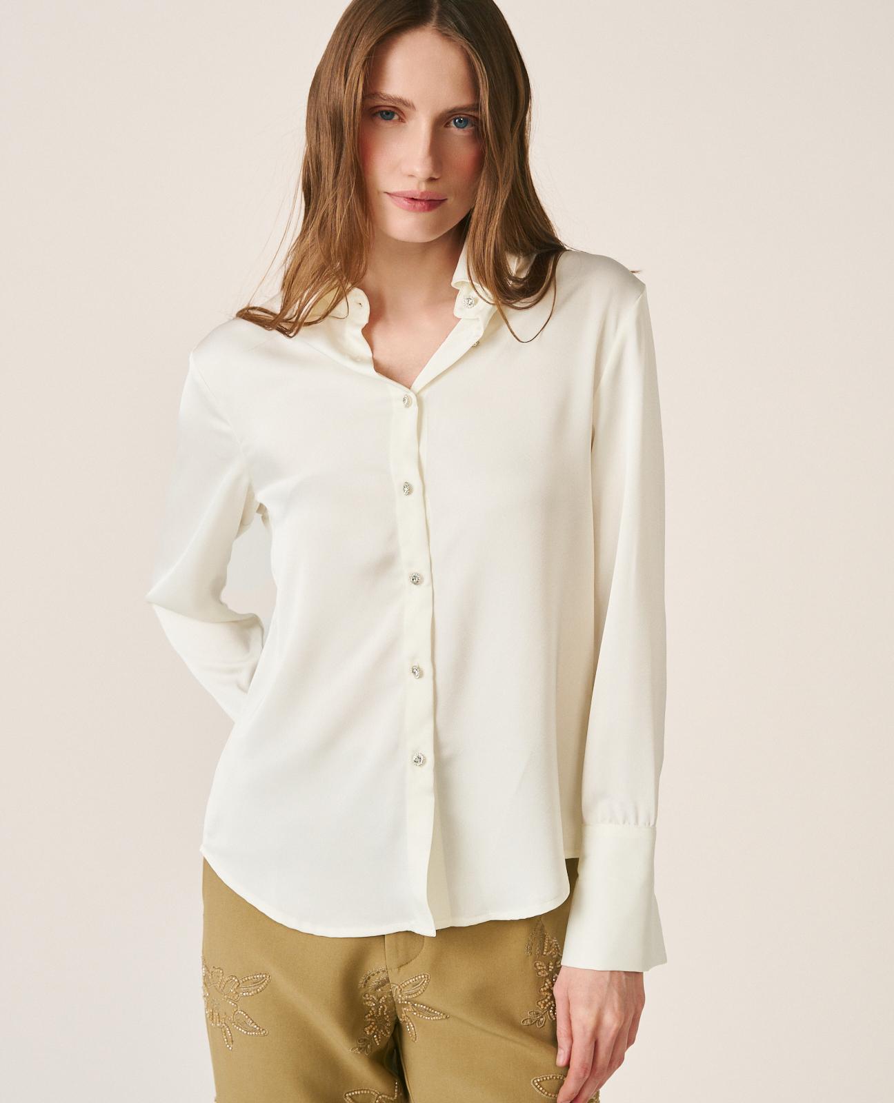 Camisa Ajustada de Cetim com Botões nos Punhos Branco-2