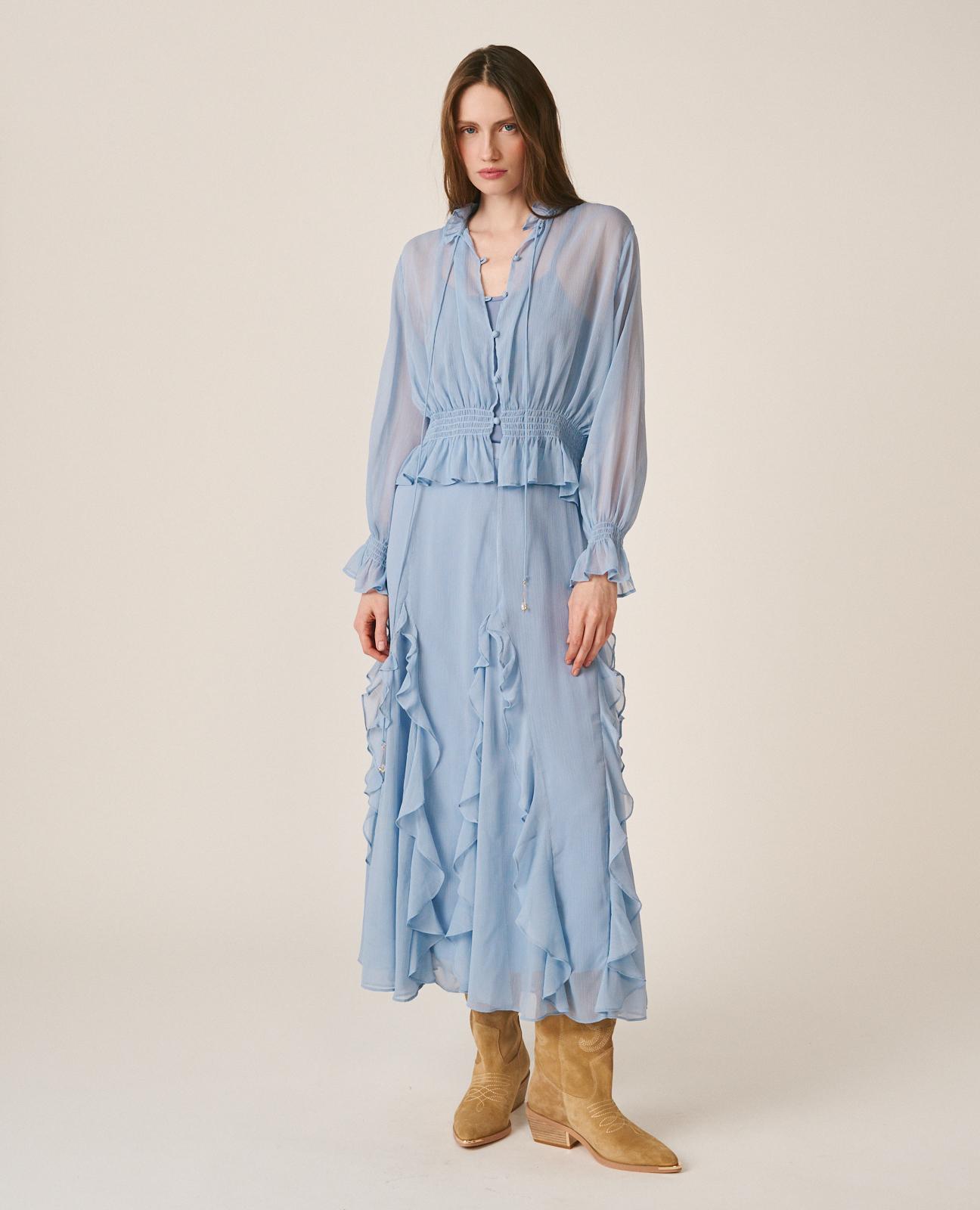 Blusa de Gase de Manga Comprida Ablusada e Favo de Mel com Folhos nos Punhos Azul-2