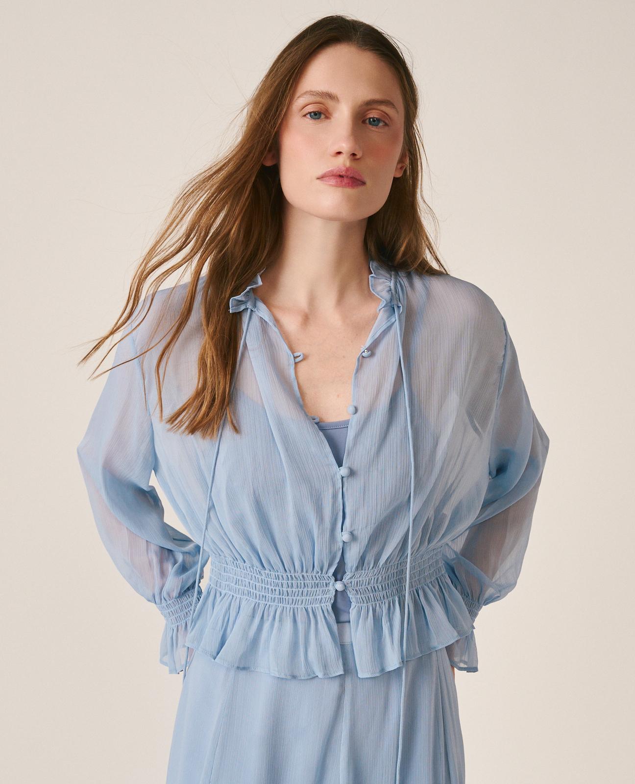 Blusa de Gase de Manga Comprida Ablusada e Favo de Mel com Folhos nos Punhos Azul-3