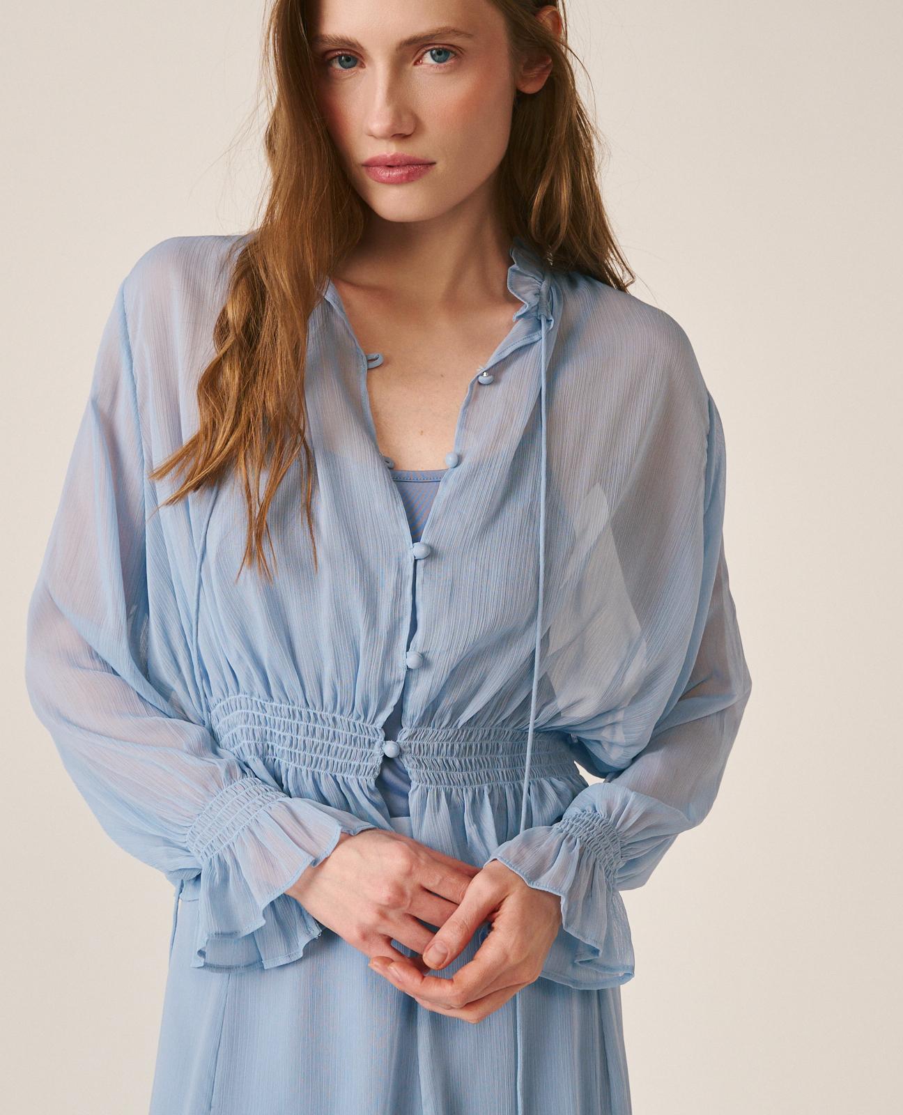 Blusa de Gase de Manga Comprida Ablusada e Favo de Mel com Folhos nos Punhos Azul-4