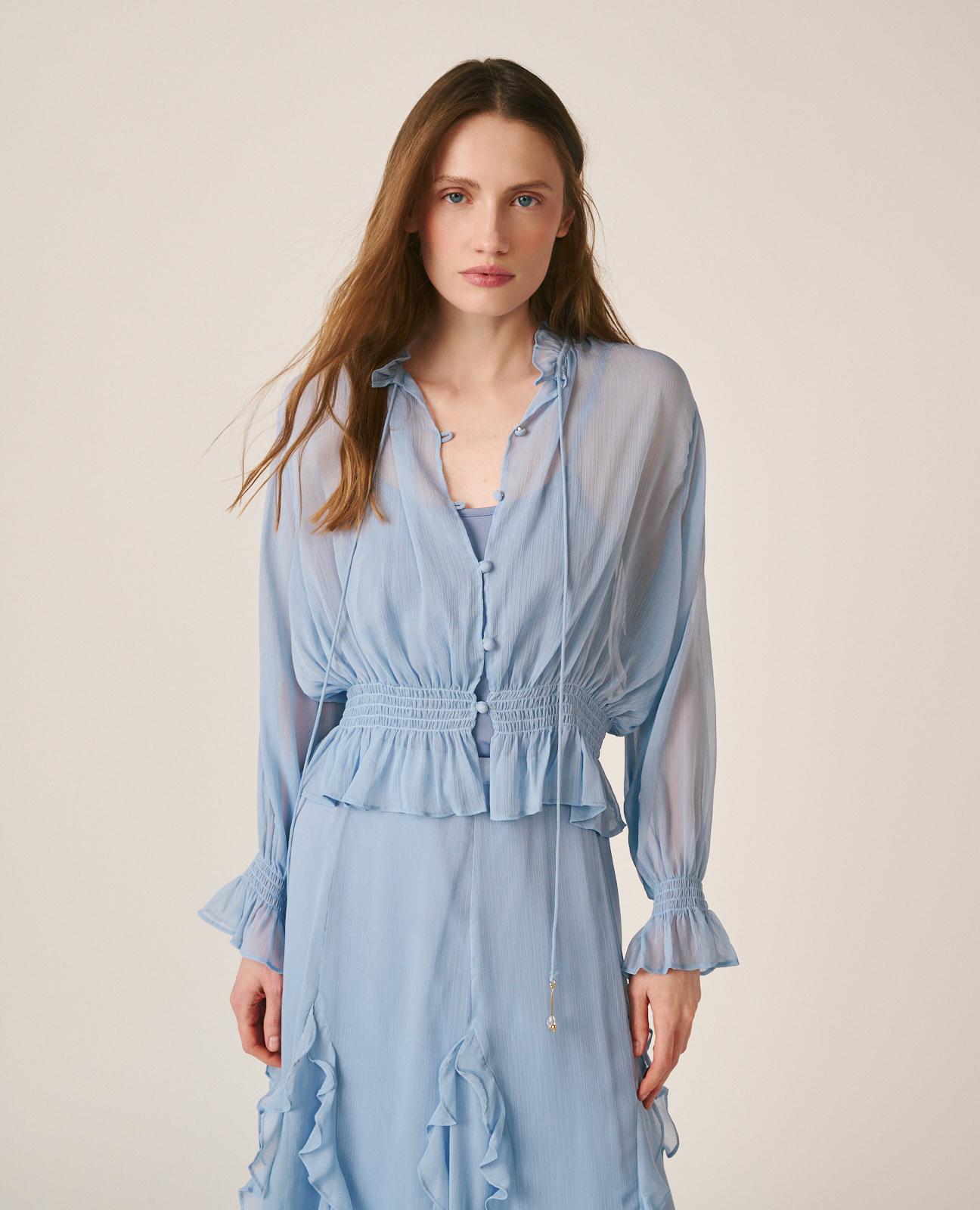 Blusa de Gase de Manga Comprida Ablusada e Favo de Mel com Folhos nos Punhos Azul-5