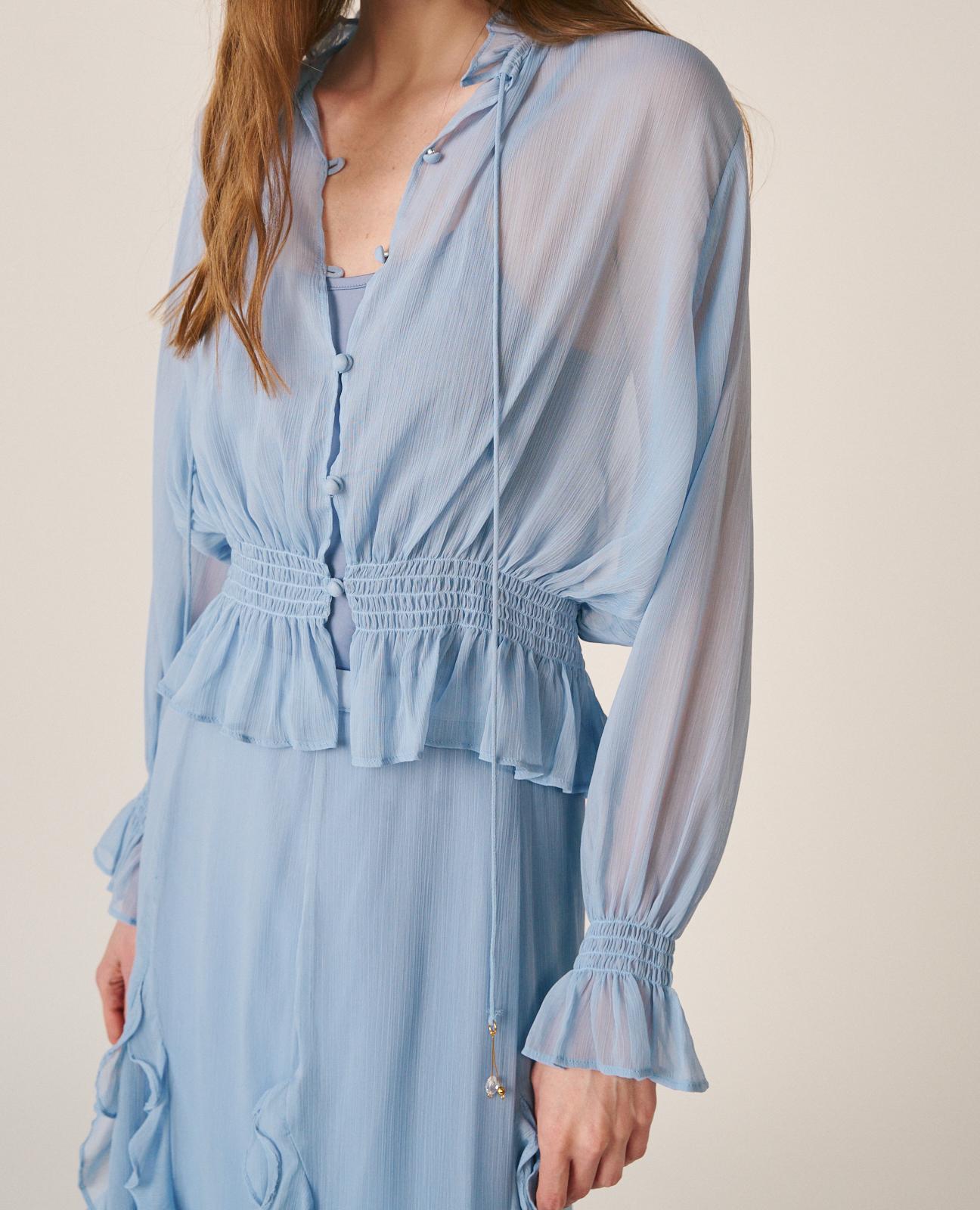 Blusa de Gase de Manga Comprida Ablusada e Favo de Mel com Folhos nos Punhos Azul-6