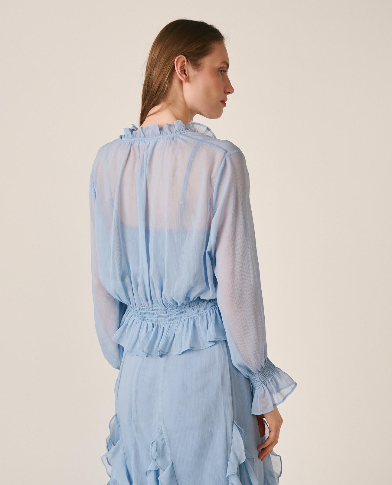 Blusa de Gase de Manga Comprida Ablusada e Favo de Mel com Folhos nos Punhos Azul-7