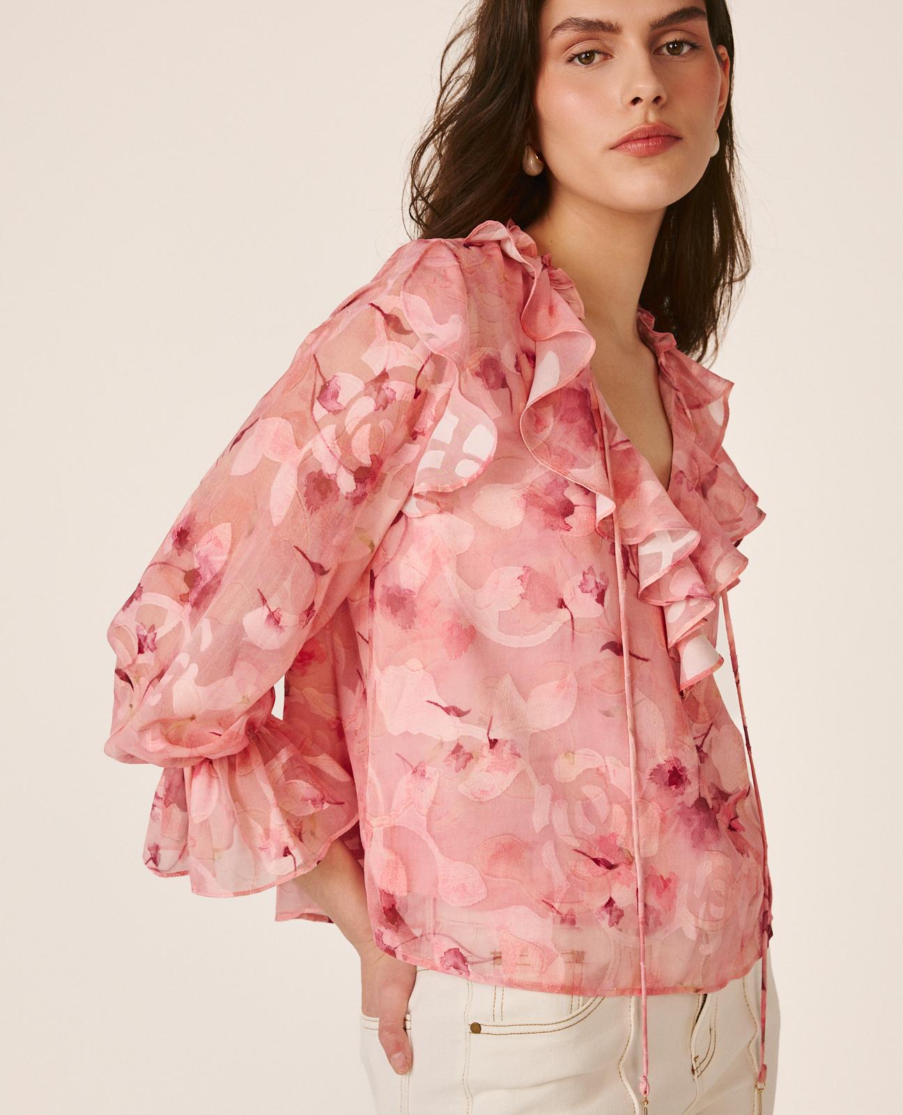 Blusa de Gase de Manga Comprida com Punho Elástico e Gola com Folhos Rosa-2