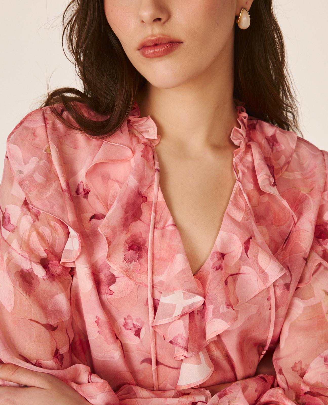 Blusa de Gase de Manga Comprida com Punho Elástico e Gola com Folhos Rosa-3
