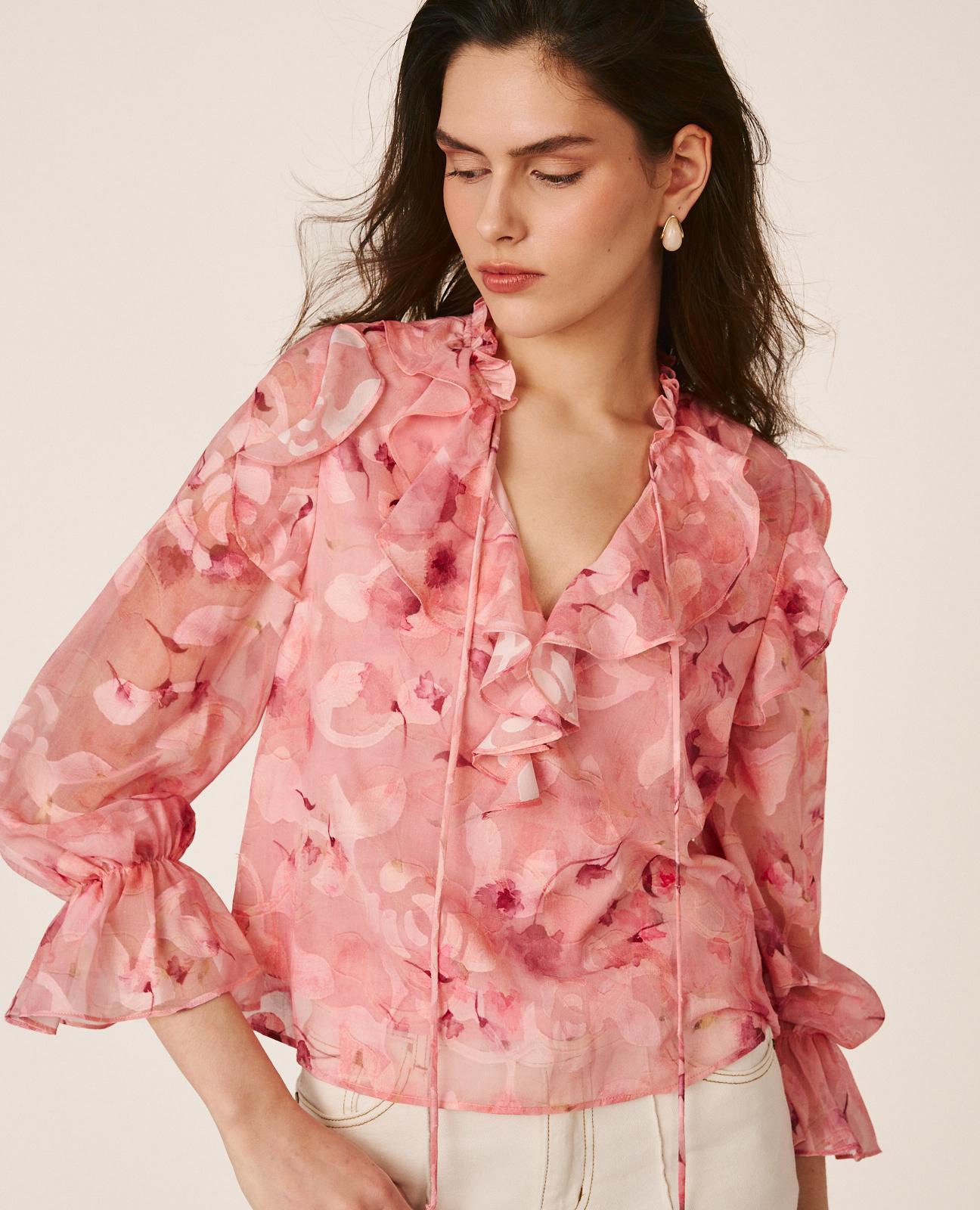Blusa de Gase de Manga Comprida com Punho Elástico e Gola com Folhos Rosa-4