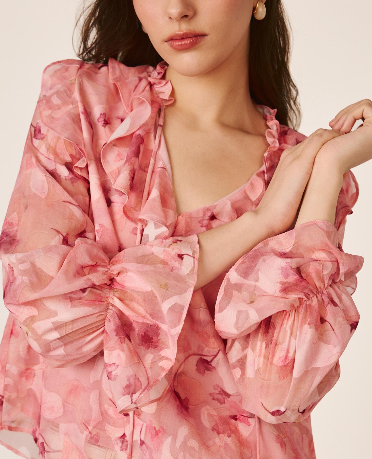 Blusa de Gase de Manga Comprida com Punho Elástico e Gola com Folhos Rosa-6