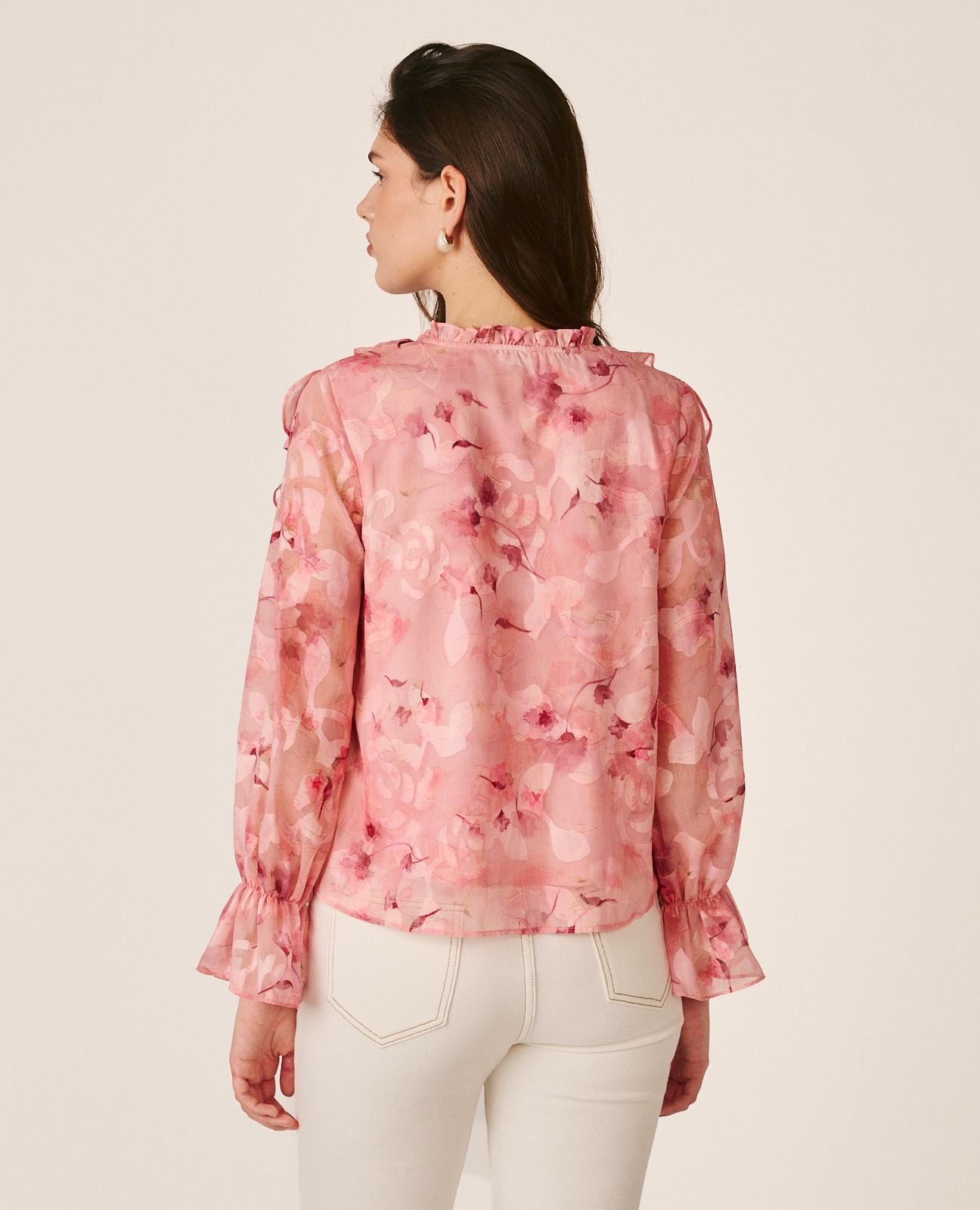 Blusa de Gase de Manga Comprida com Punho Elástico e Gola com Folhos Rosa-7