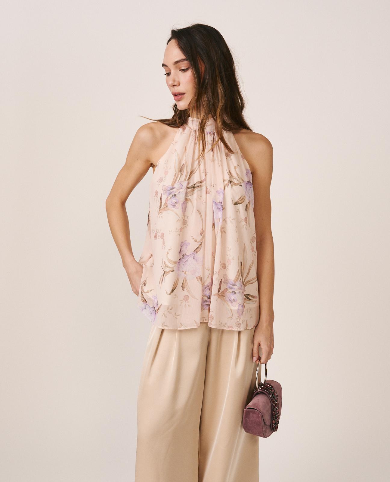 Blusa de Gase sem Mangas e Gola Halter com Laçada Lilás-3