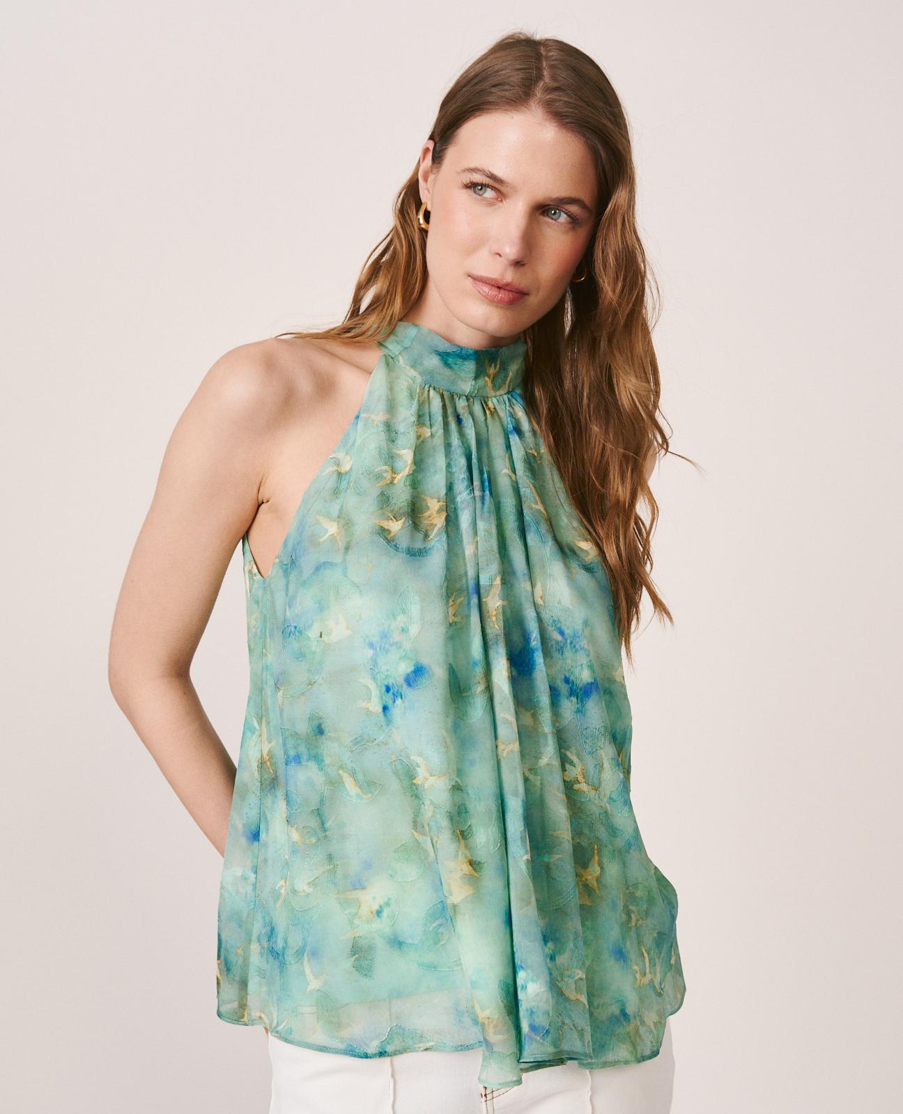 Blusa de Gase sem Mangas e Gola Halter com Laçada Turquesa-4