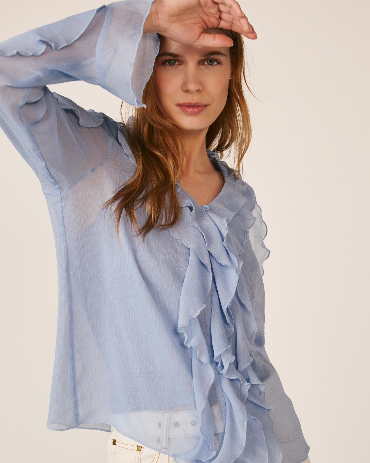 Imagem 0 de Blusa de Manga Comprida e Decote em V com Folhos