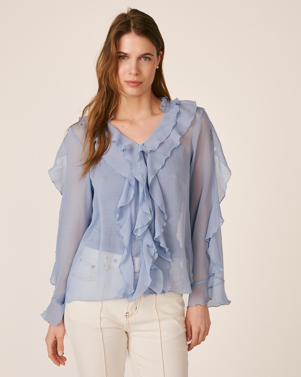 Blusa de Manga Comprida e Decote em V com Folhos Azul-2