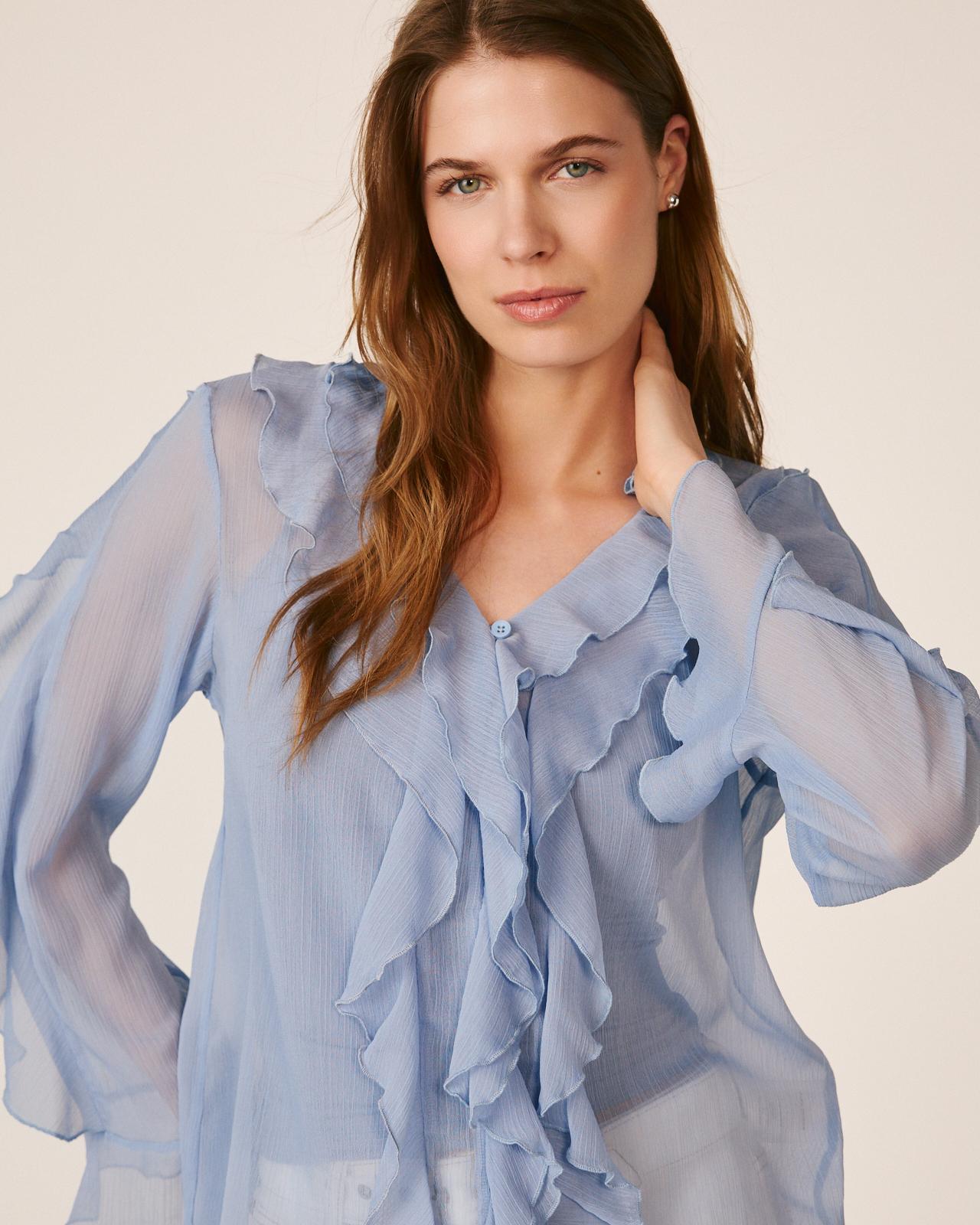 Blusa de Manga Comprida e Decote em V com Folhos Azul-3