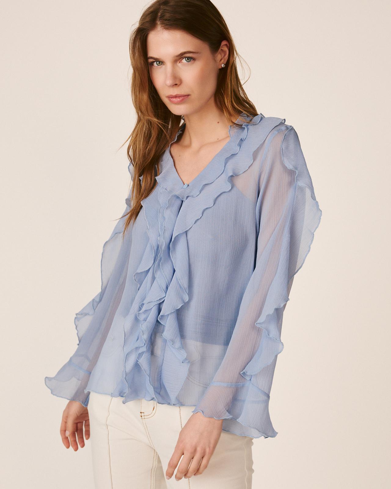 Blusa de Manga Comprida e Decote em V com Folhos Azul-4