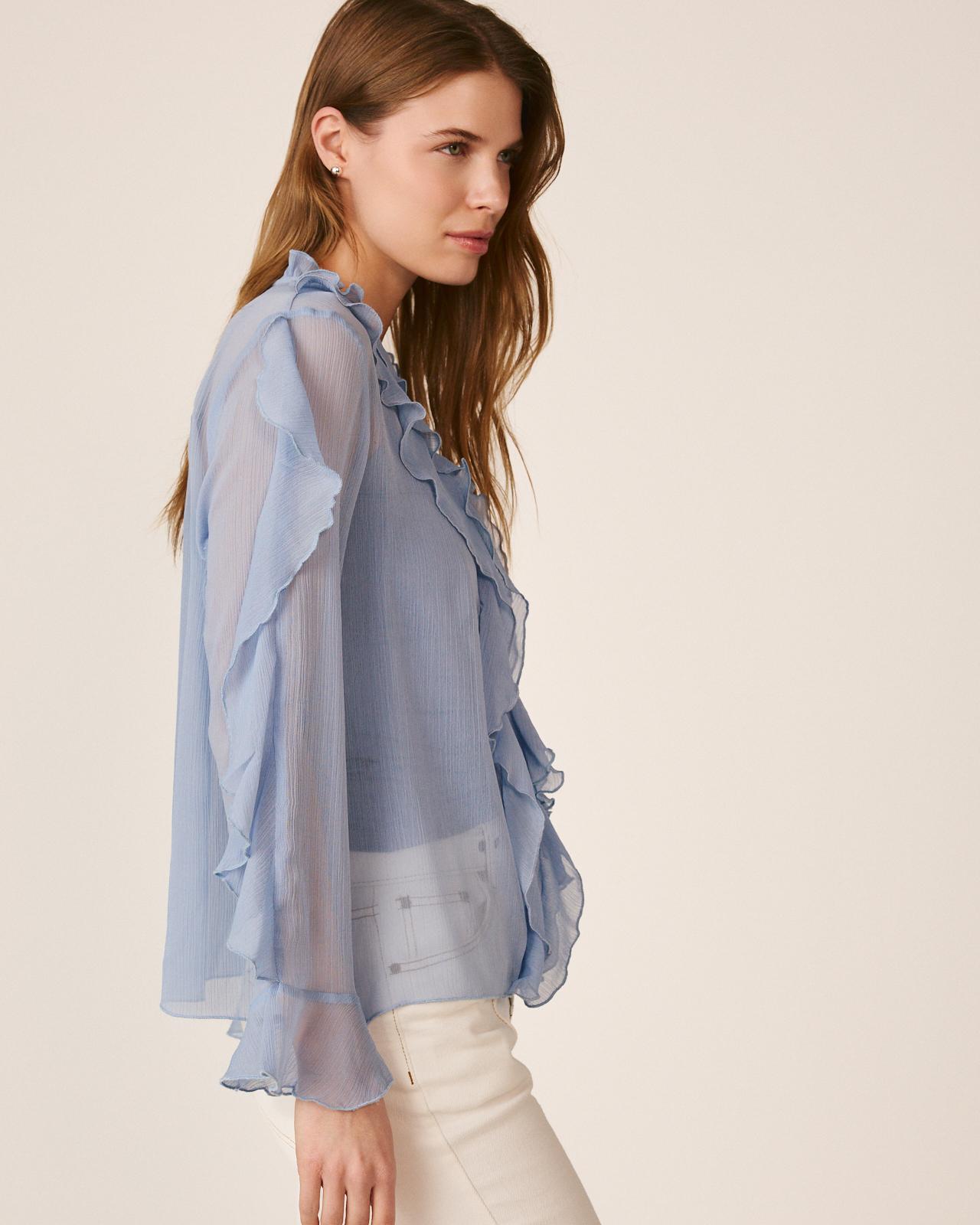 Blusa de Manga Comprida e Decote em V com Folhos Azul-5