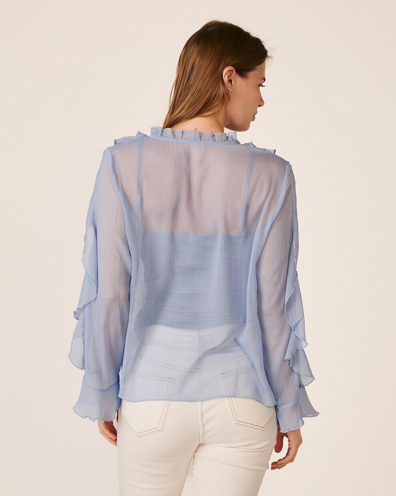 Blusa de Manga Comprida e Decote em V com Folhos Azul-6