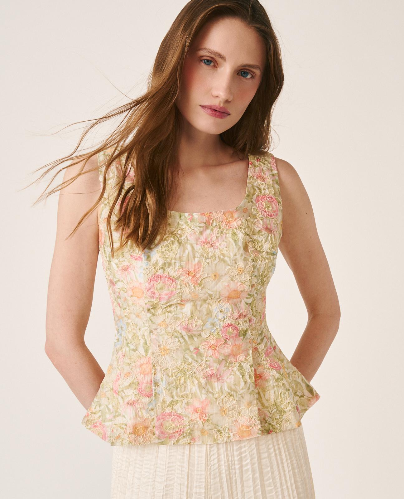 Imagem 0 de Top de Flores sem Mangas com Peplum e Fecho Zip Invisível