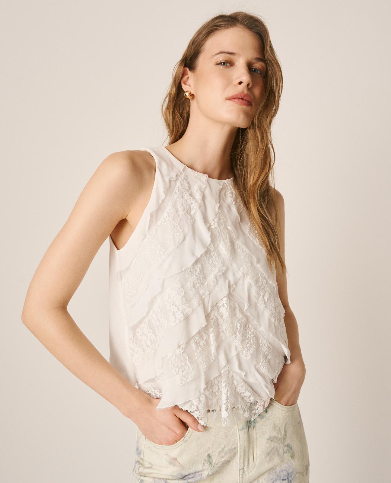 Top de Gase e Renda com Folhos Pequenos Branco-3
