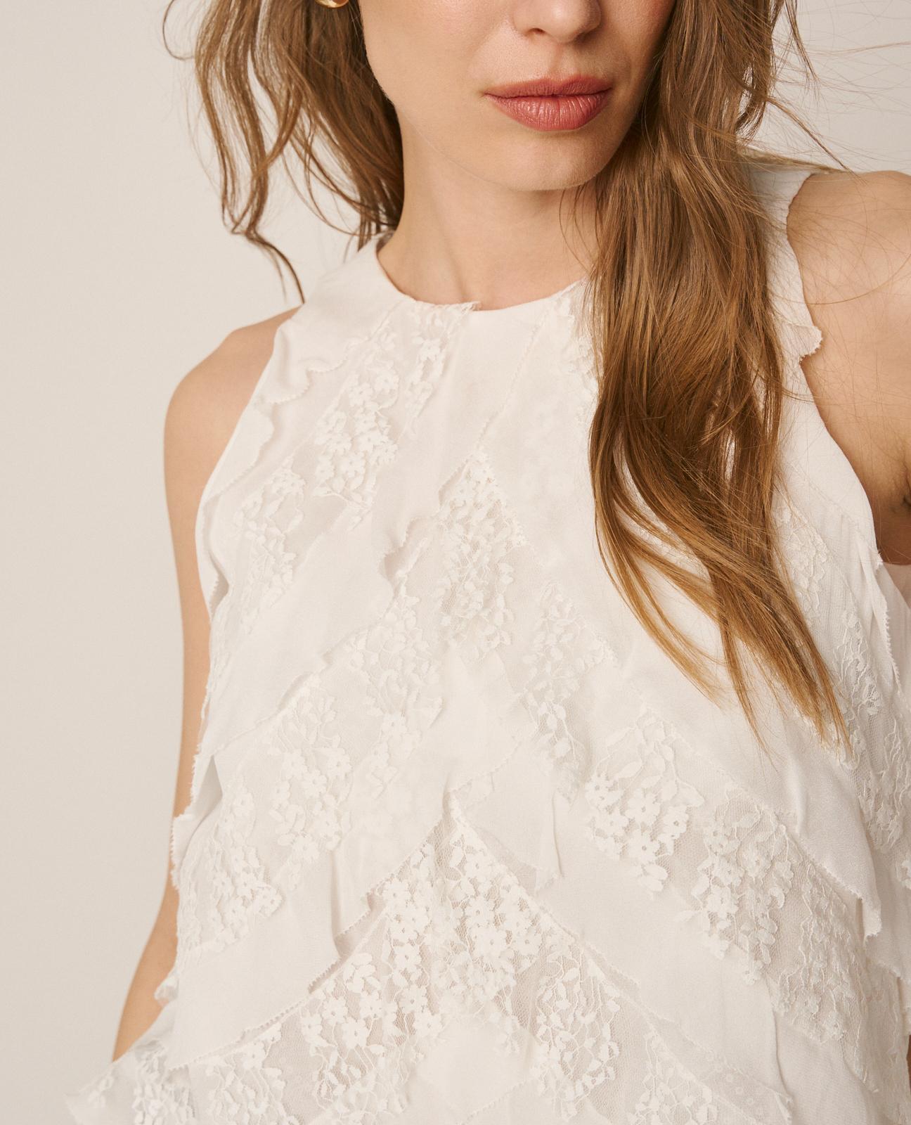 Top de Gase e Renda com Folhos Pequenos Branco-6
