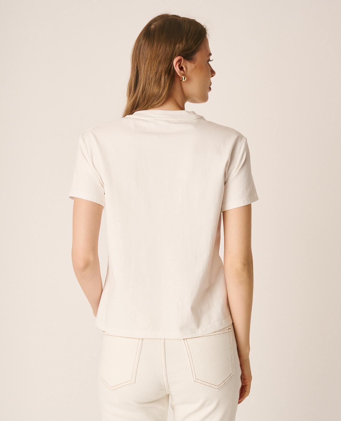T-shirt de Algodão com Apliques de Flores em 3d na Gola Branco-7