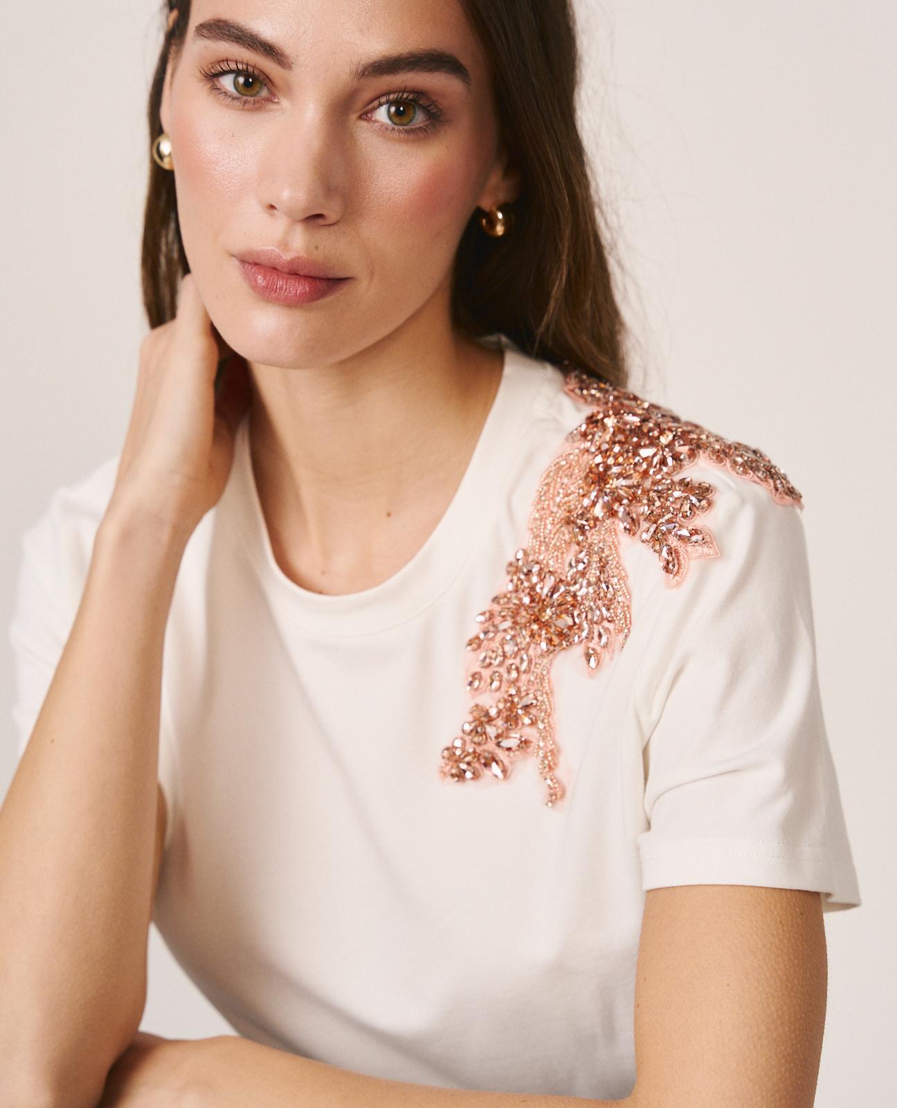 T-shirt de Algodão com Detalhes Joia no Ombro Branco-2