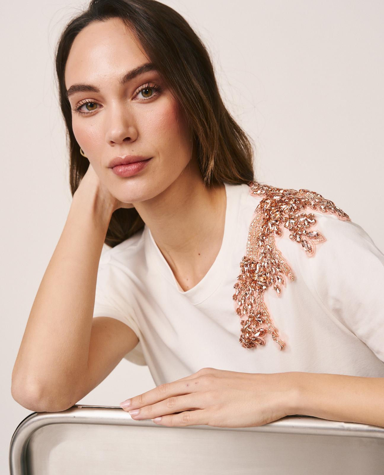 T-shirt de Algodão com Detalhes Joia no Ombro Branco-3