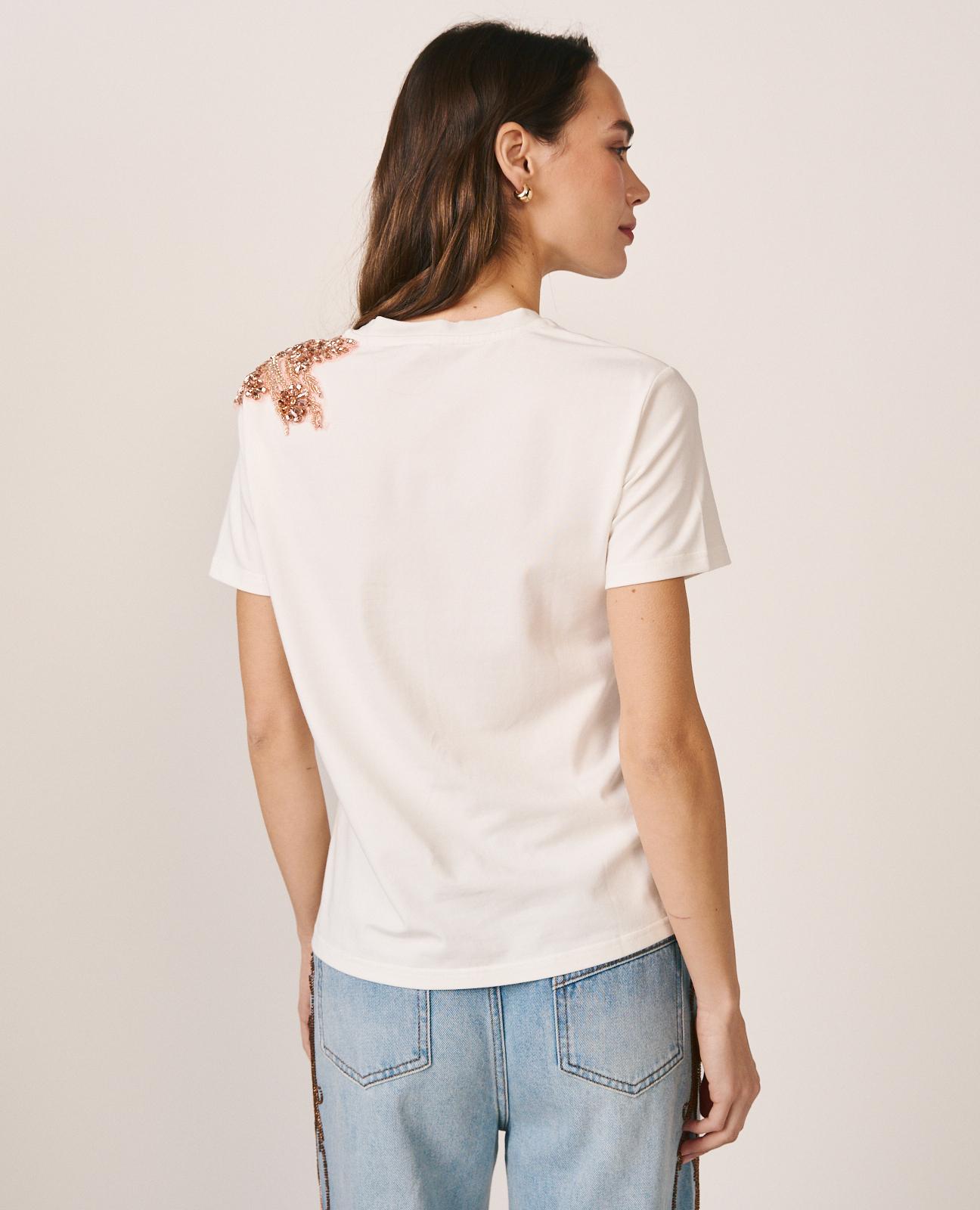 T-shirt de Algodão com Detalhes Joia no Ombro Branco-5