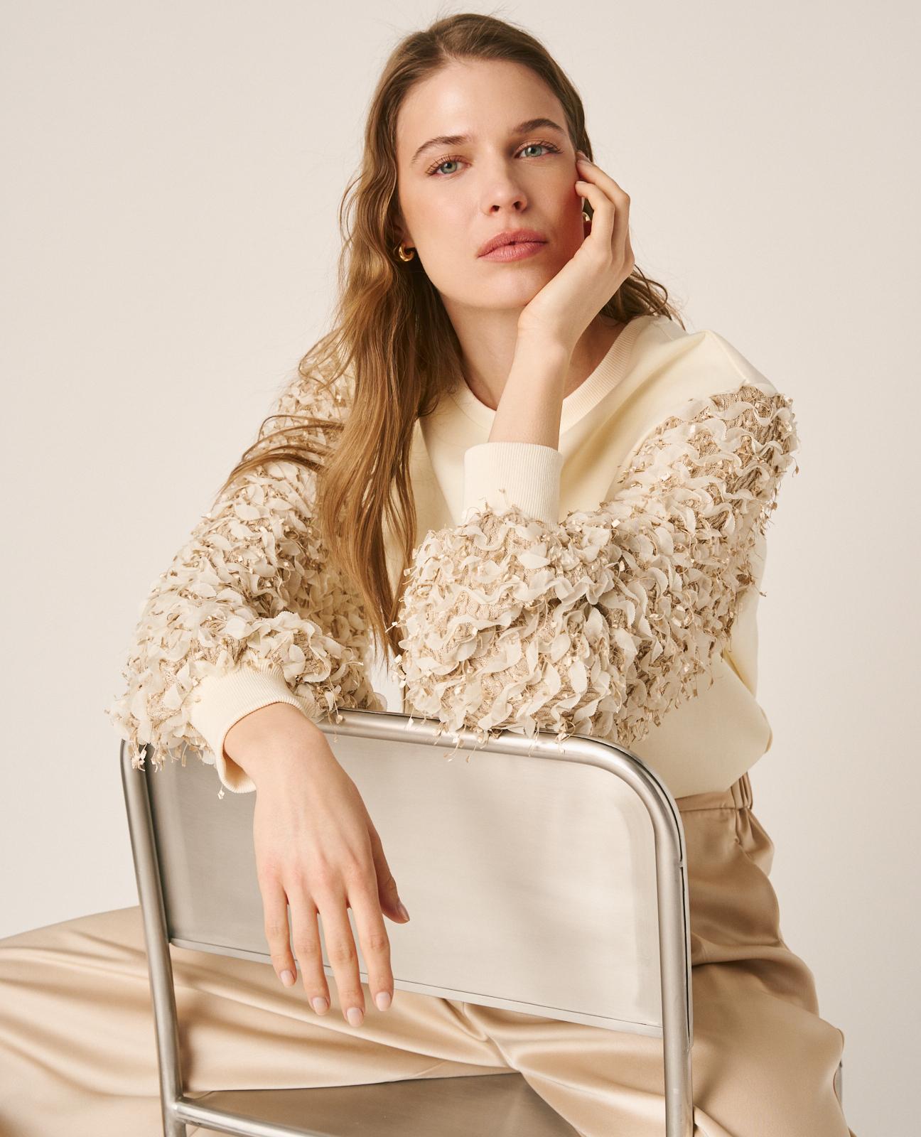 Sweatshirt de Algodão com Mangas Abalonadas em Tecido Desfiado Branco-5