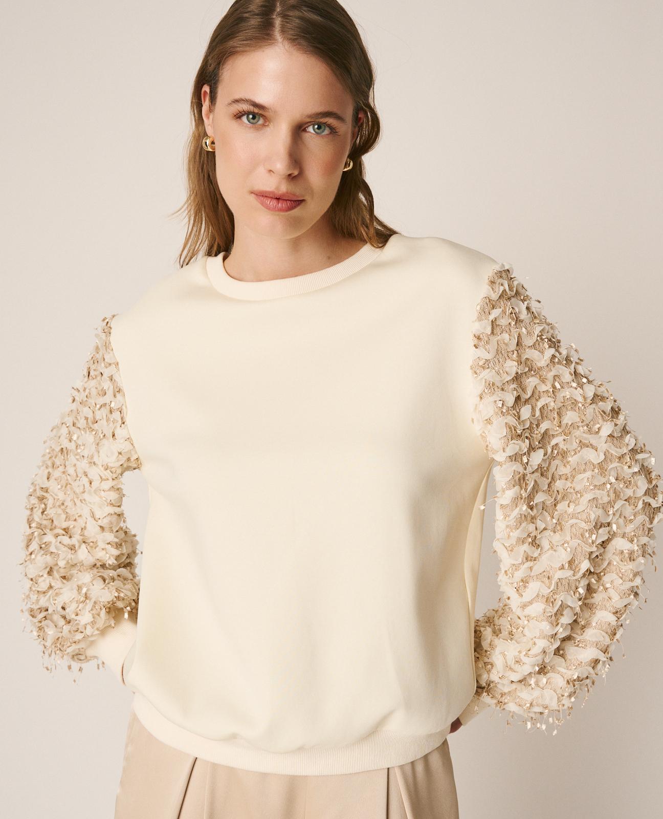 Sweatshirt de Algodão com Mangas Abalonadas em Tecido Desfiado Branco-6