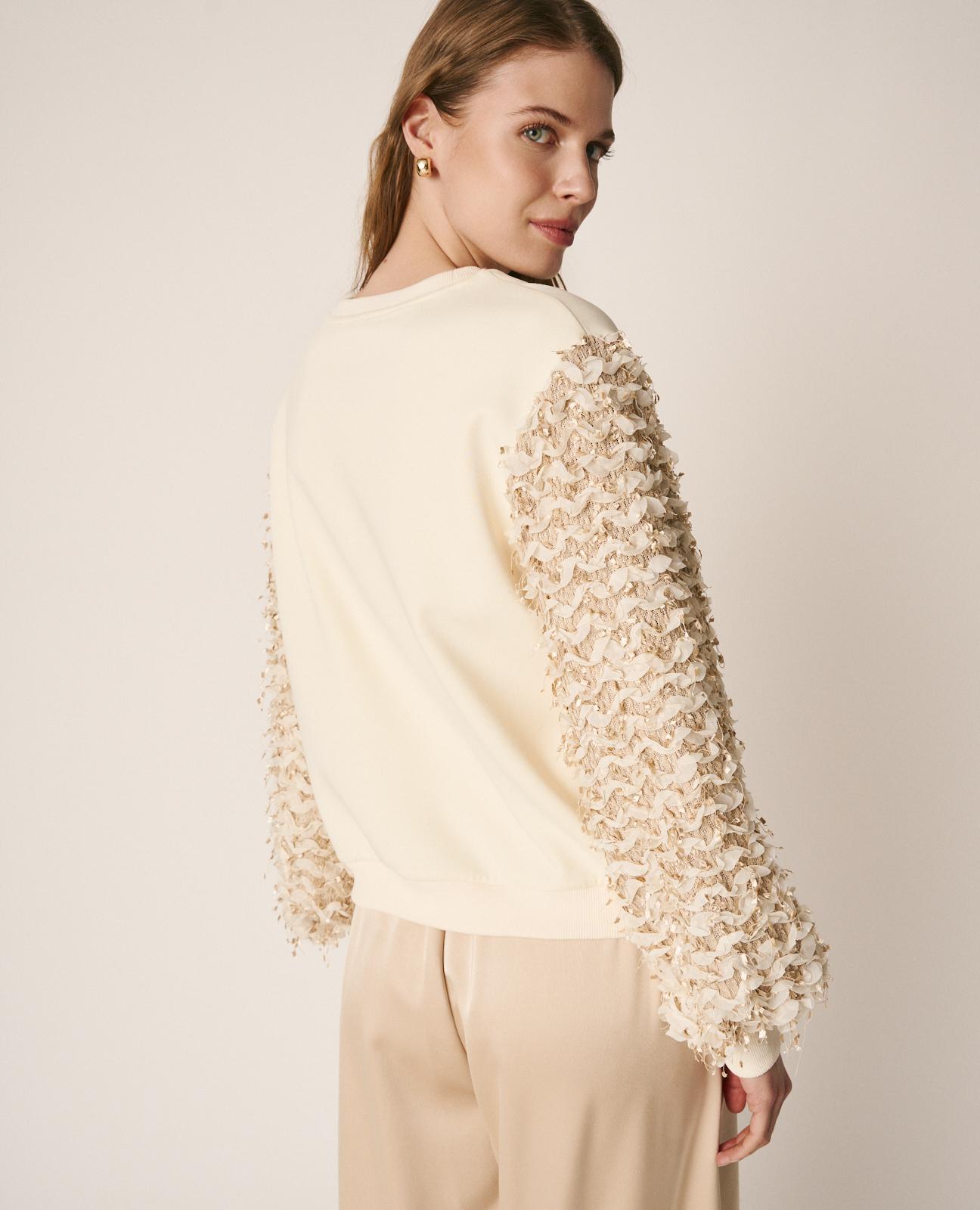 Sweatshirt de Algodão com Mangas Abalonadas em Tecido Desfiado Branco-7