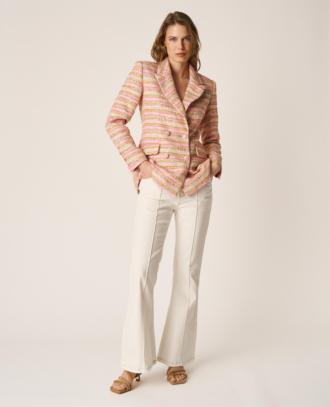Blazer Ajustado com Estampado Às Riscas e Fecho com Botões Multicolor-2