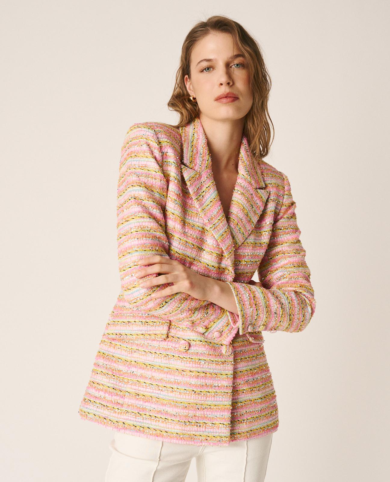 Blazer Ajustado com Estampado Às Riscas e Fecho com Botões Multicolor-4