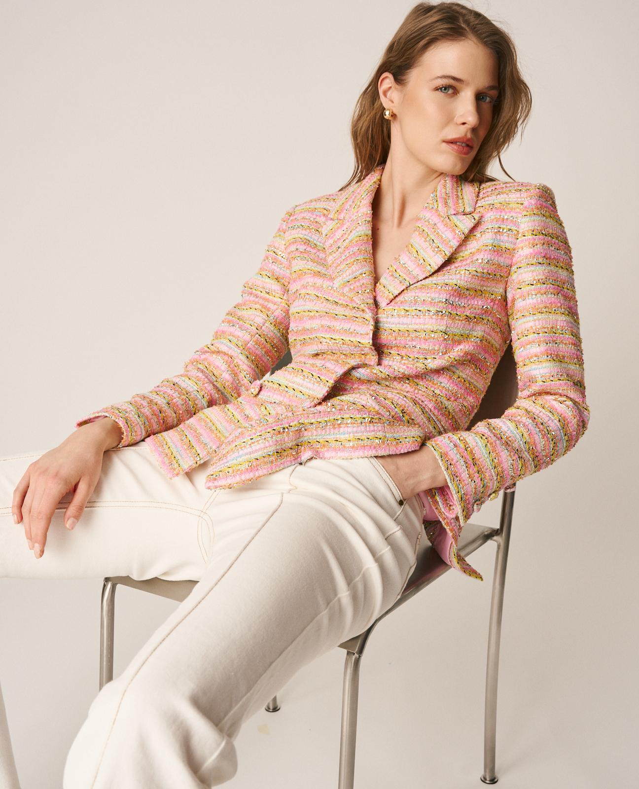 Blazer Ajustado com Estampado Às Riscas e Fecho com Botões Multicolor-5