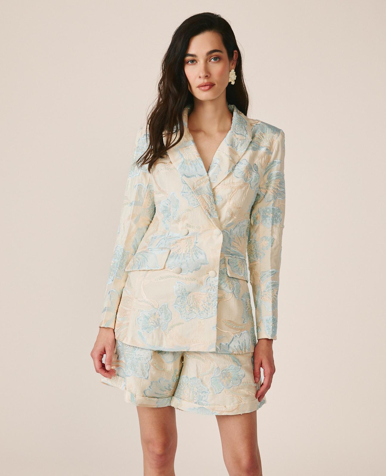 Imagem 0 de Blazer com Corte a Direito e Estampado Floral e Bordado com Lantejoulas