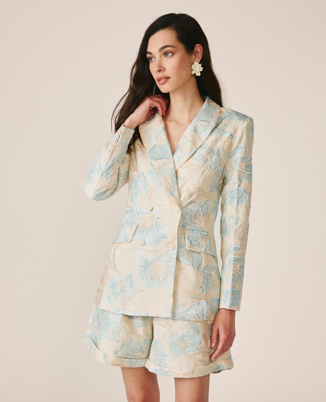 Blazer com Corte a Direito e Estampado Floral e Bordado com Lantejoulas Azul-3