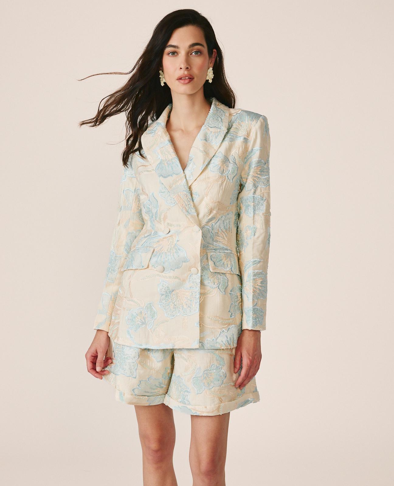 Blazer com Corte a Direito e Estampado Floral e Bordado com Lantejoulas Azul-5