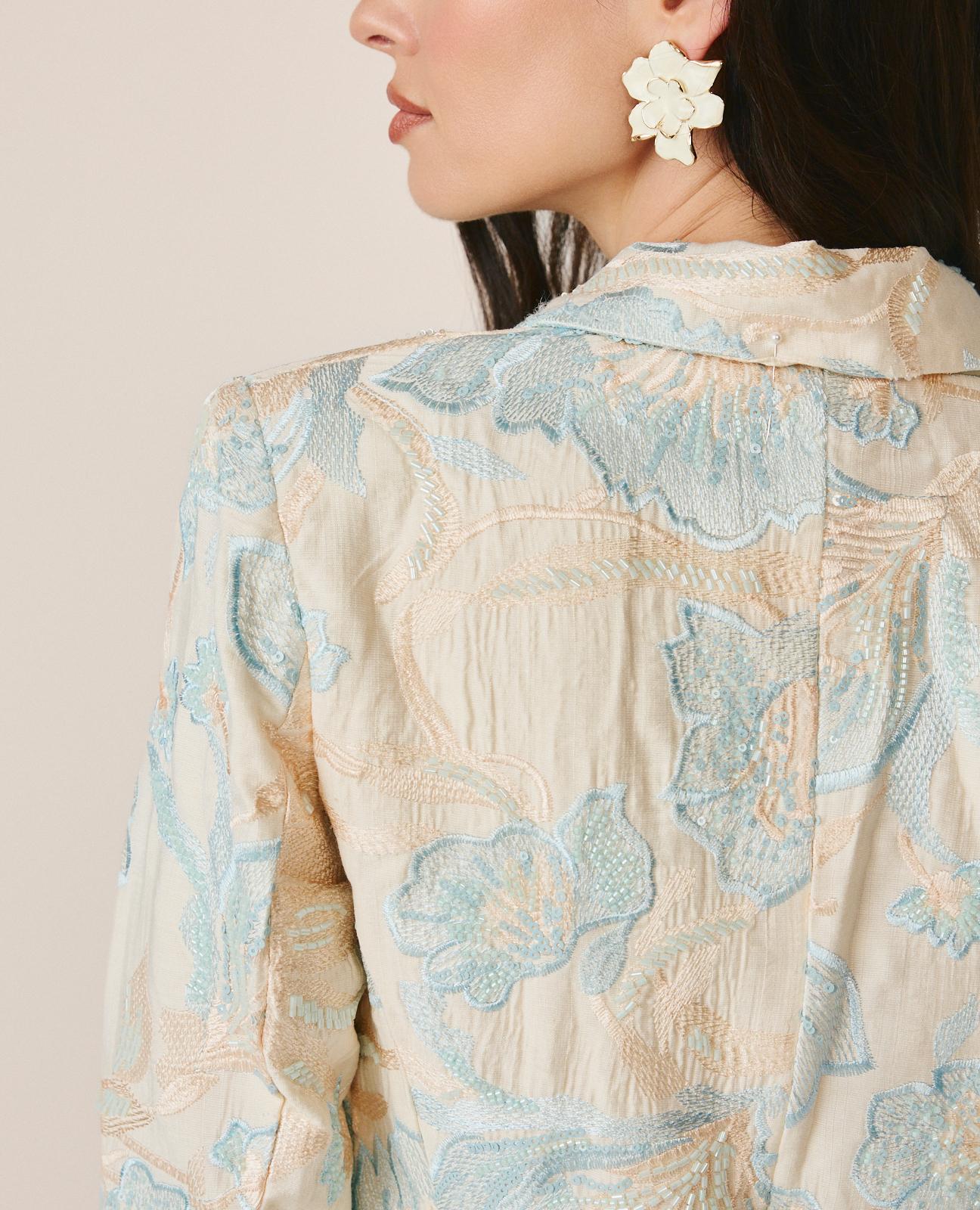 Blazer com Corte a Direito e Estampado Floral e Bordado com Lantejoulas Azul-7