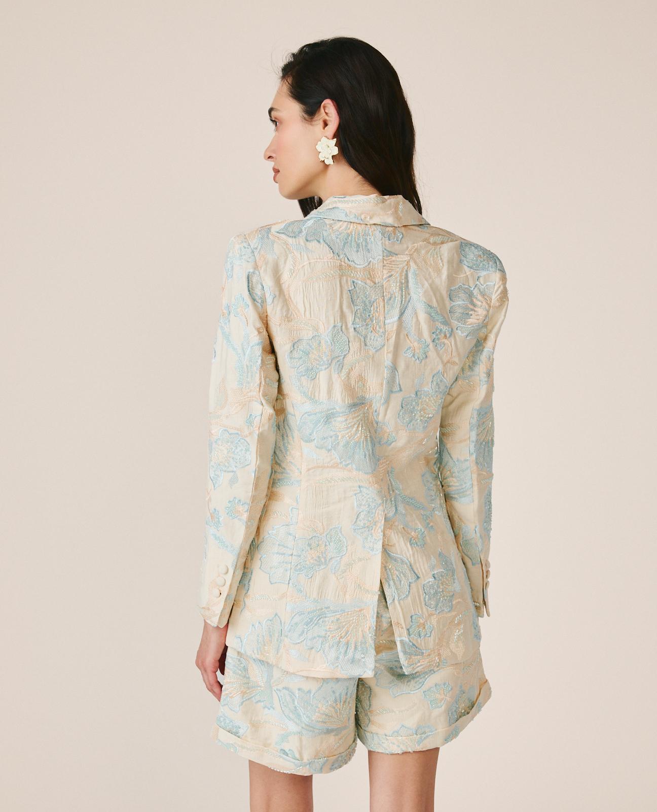 Blazer com Corte a Direito e Estampado Floral e Bordado com Lantejoulas Azul-8