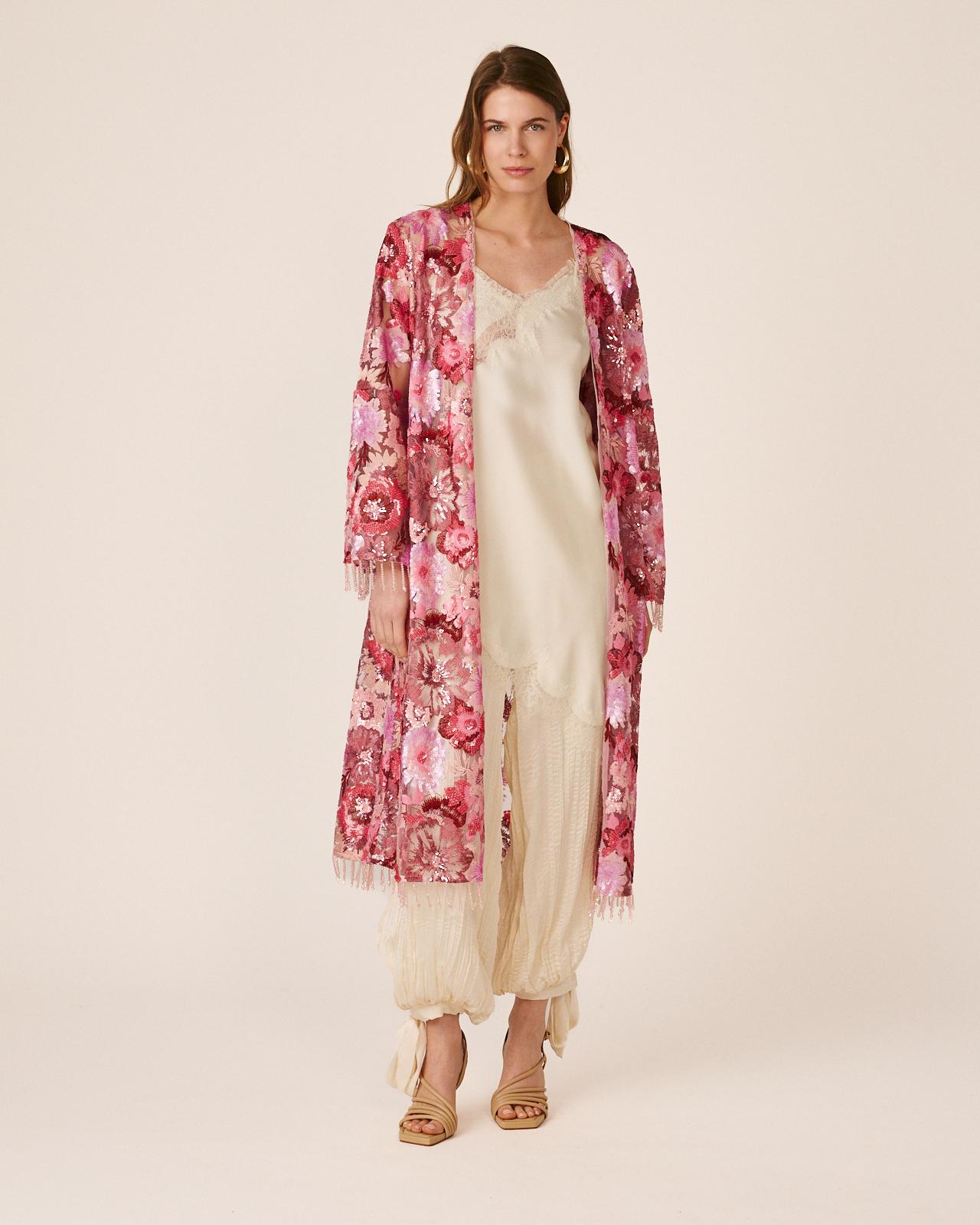 Kaftan de Lantejoulas com Estampado Floral e Manga Comprida À Boca de Sino Fúcsia-2