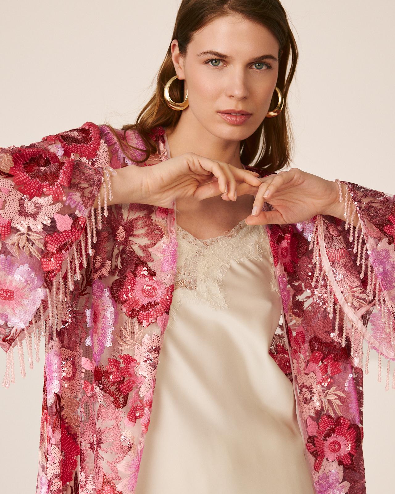Kaftan de Lantejoulas com Estampado Floral e Manga Comprida À Boca de Sino Fúcsia-3