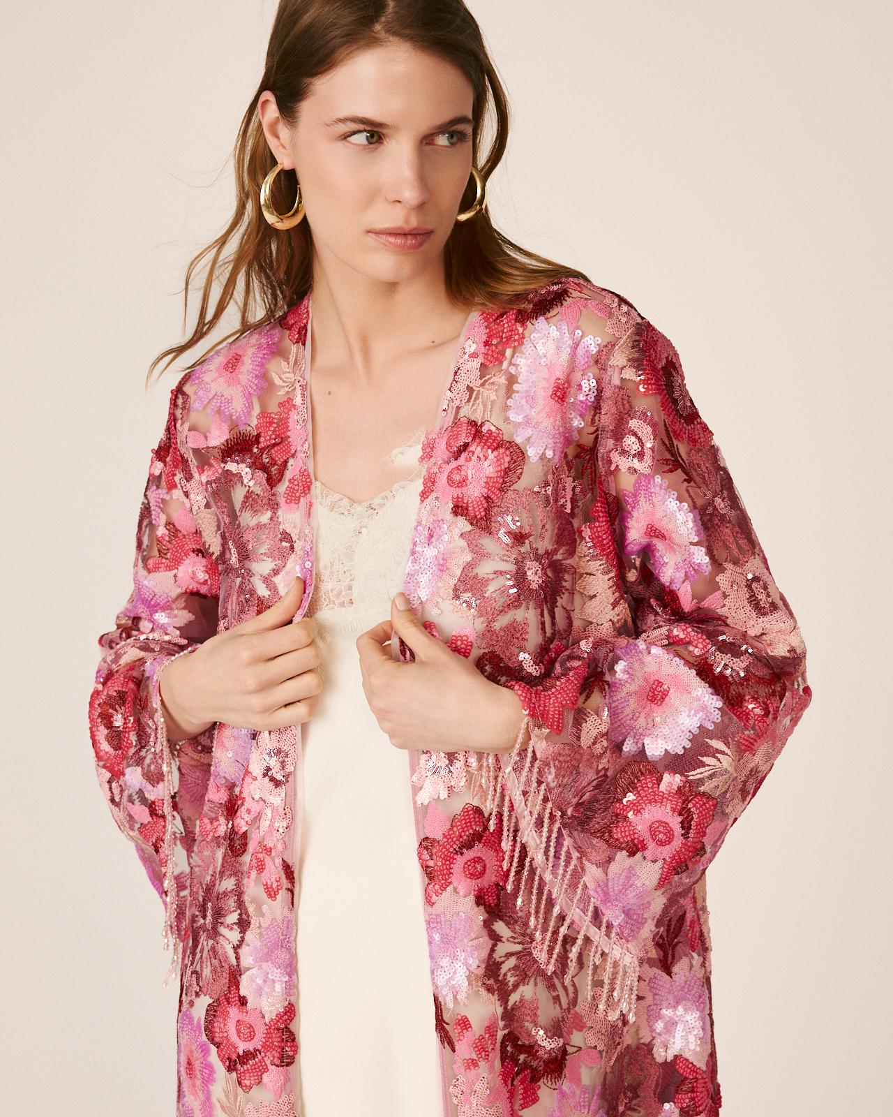 Kaftan de Lantejoulas com Estampado Floral e Manga Comprida À Boca de Sino Fúcsia-4