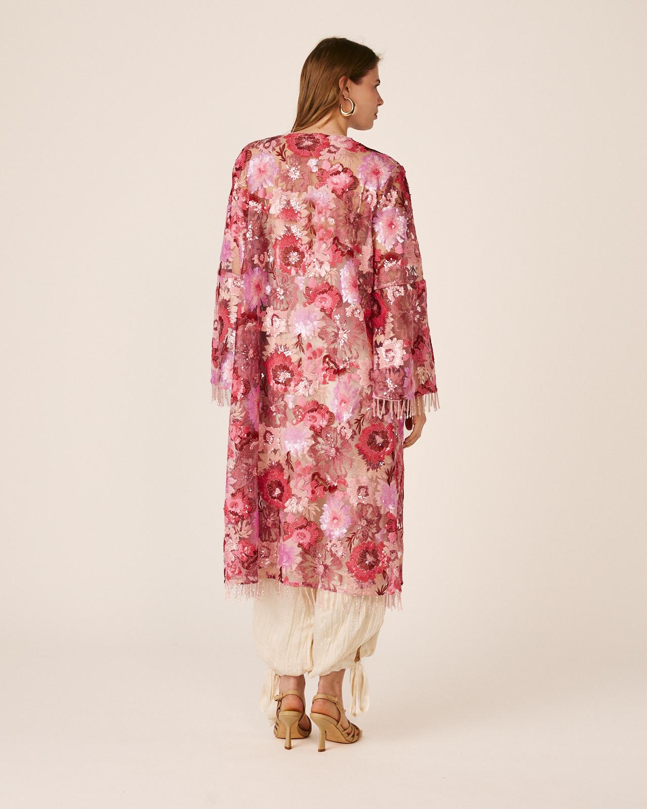 Kaftan de Lantejoulas com Estampado Floral e Manga Comprida À Boca de Sino Fúcsia-6